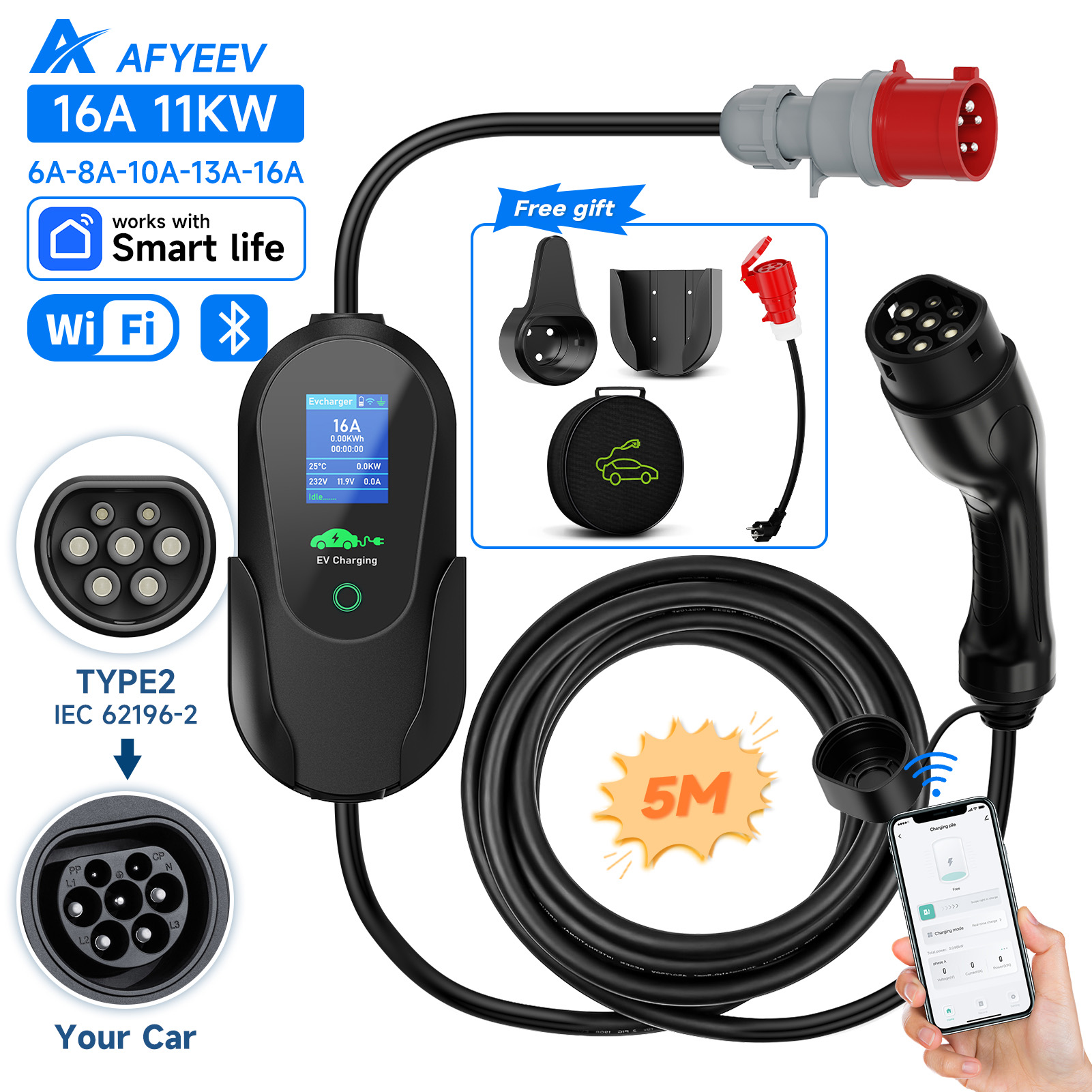 Afyeev-ポータブル電気自動車充電器,Wi-Fi付きEV - Type 2 Portable Ev Charger 11Kw Cee のレビューと価格
