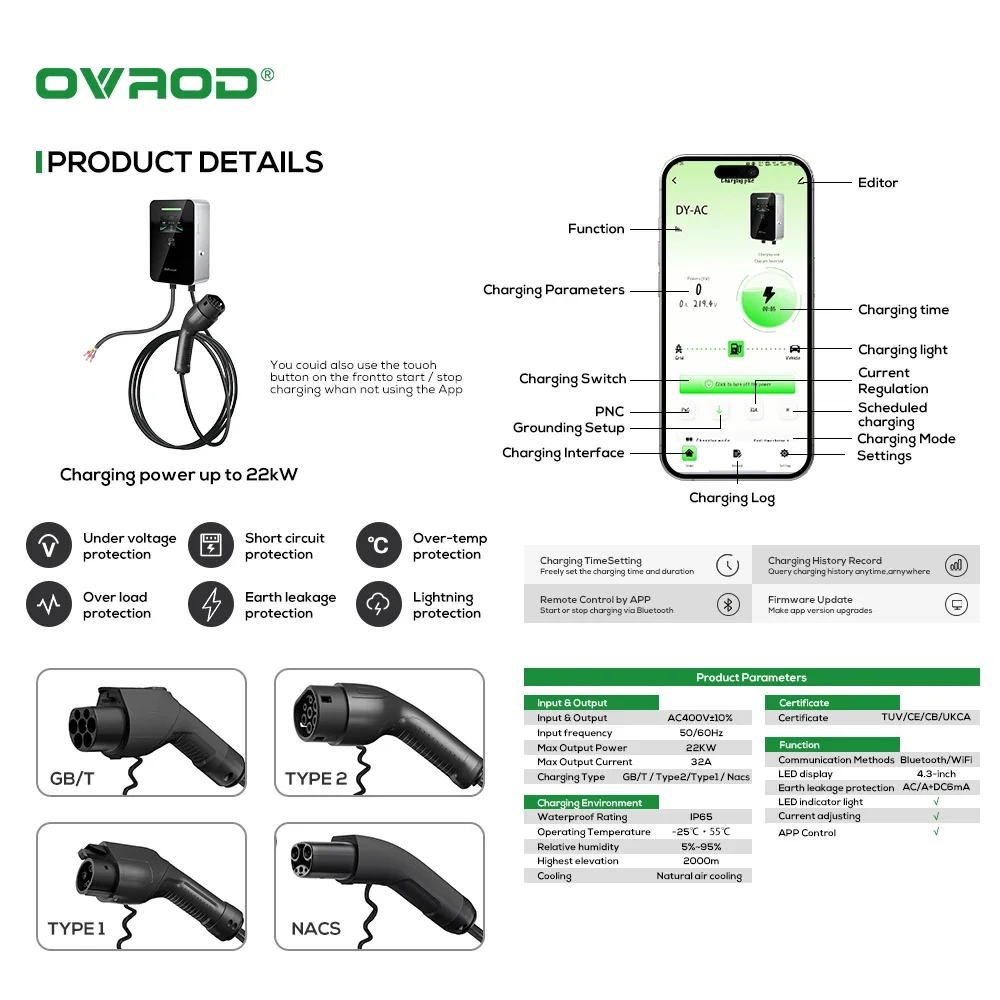 オヴロッド工場製EVSE AC 7kw 11kw 22kw  - Ev Charger Type 2 22Kw 32A 3 Phase のレビューと価格